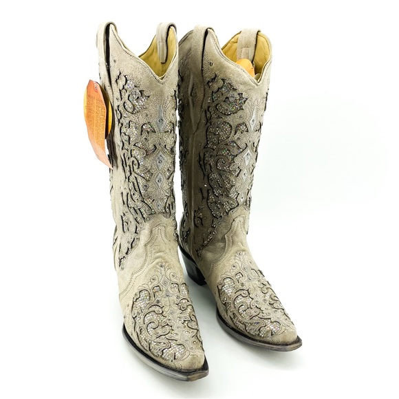 CORRAL🌺White Swarovski Glitter Inlay Leather Western Cowboy Boots Sz 9 - Picture 13 of 15
